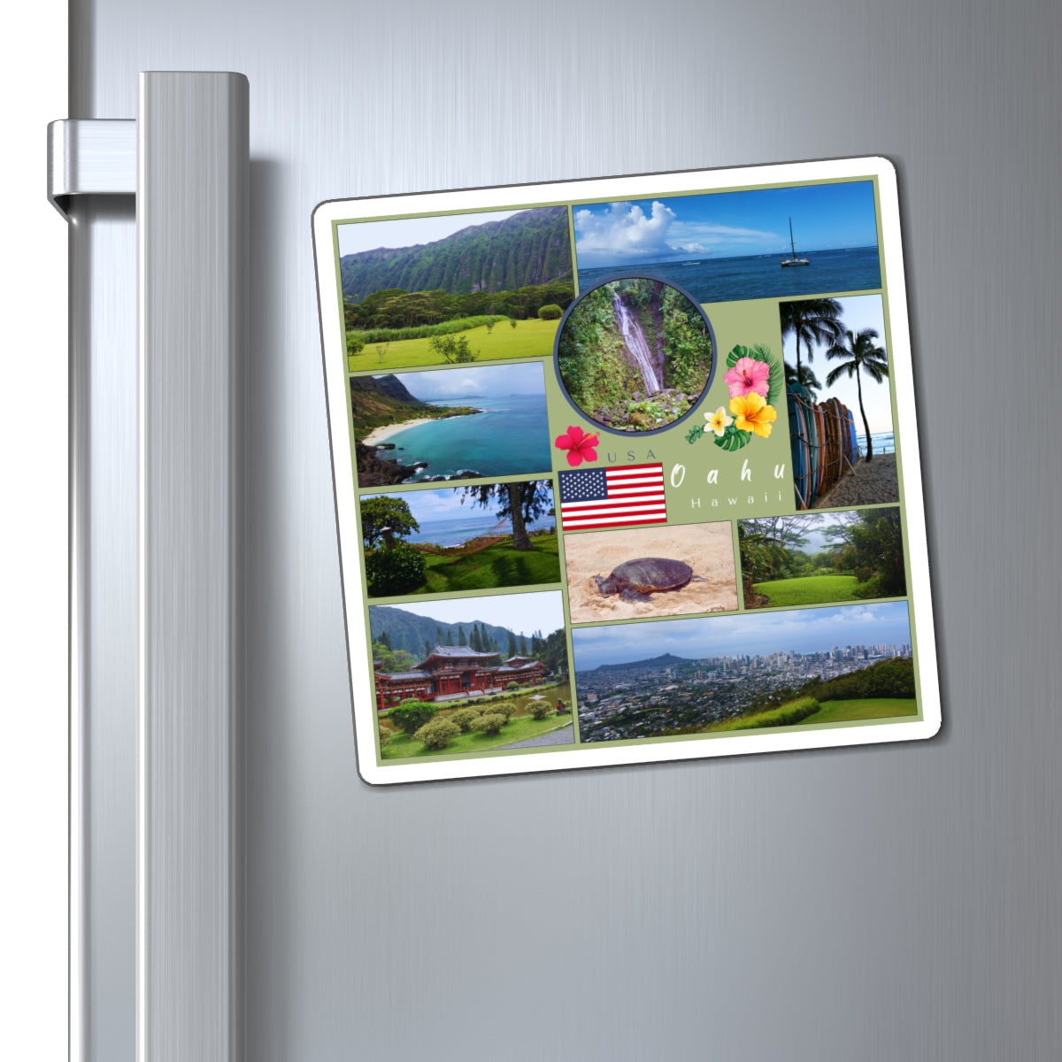 Fridge magnet with scenic collage on a metallic refrigerator