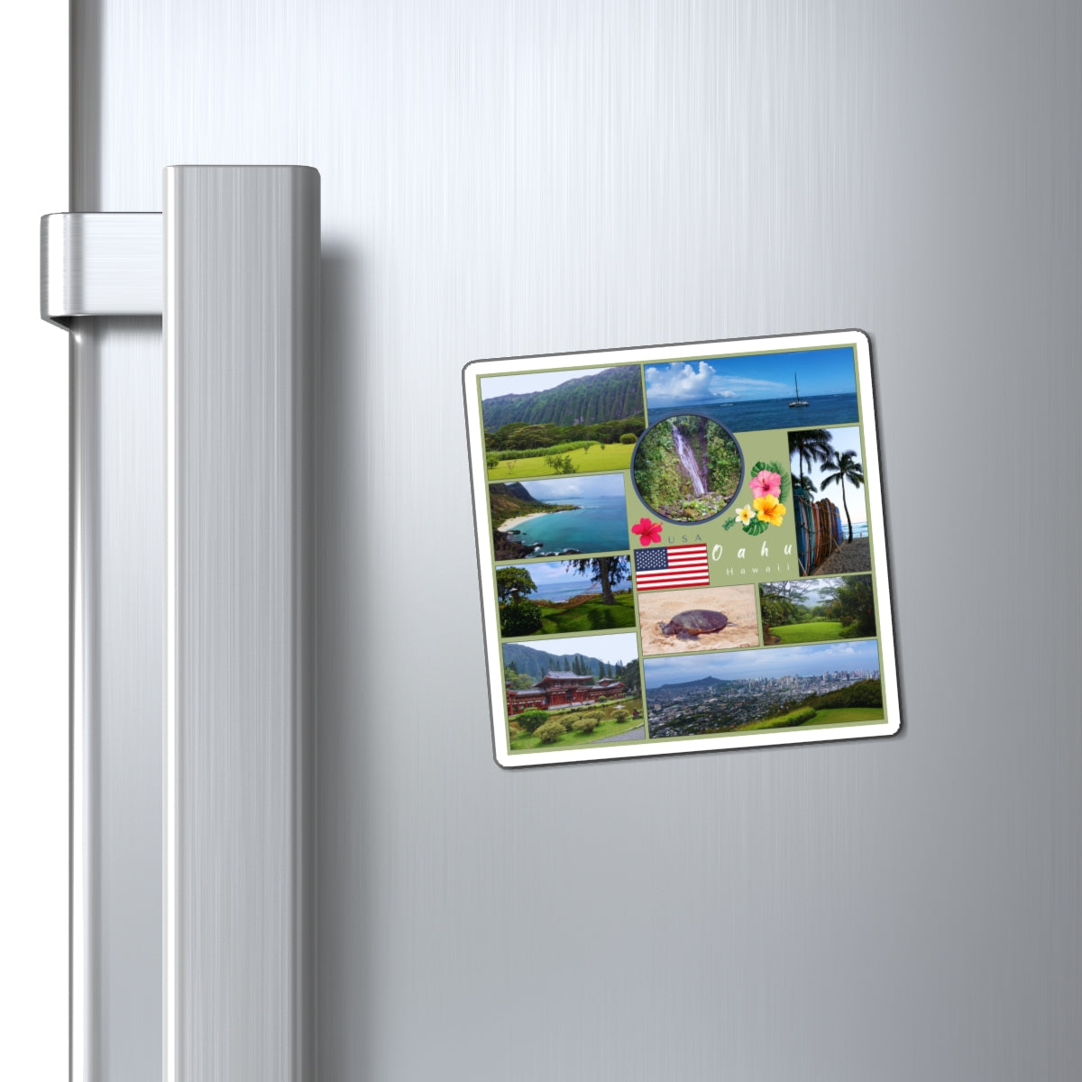 Fridge magnet with various images on a refrigerator door