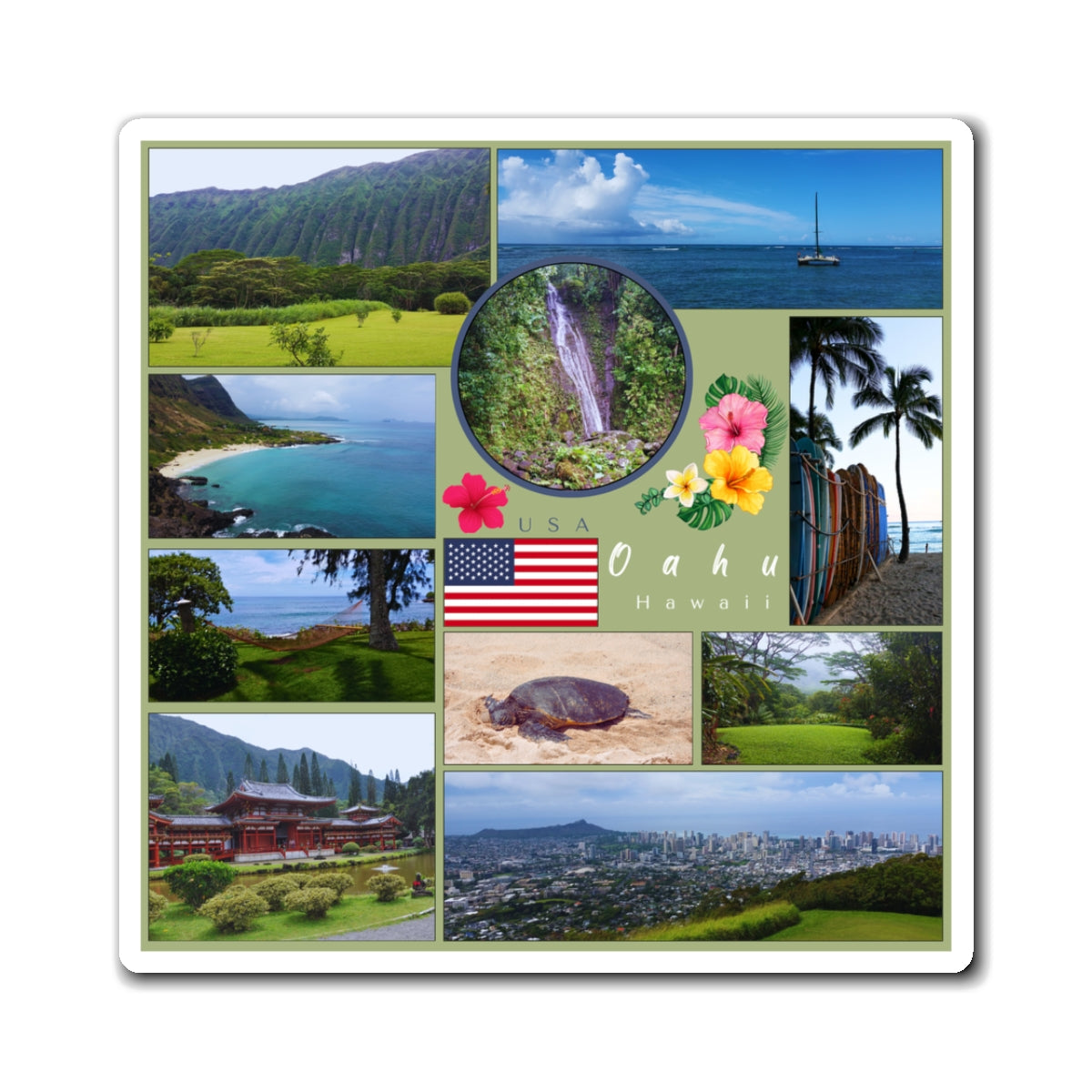 Collage of Oahu Landmarks on a green background. It show a turtle on the beach, surfboards standing up, a birds eye view of Honolulu, a temple and green spaces. 