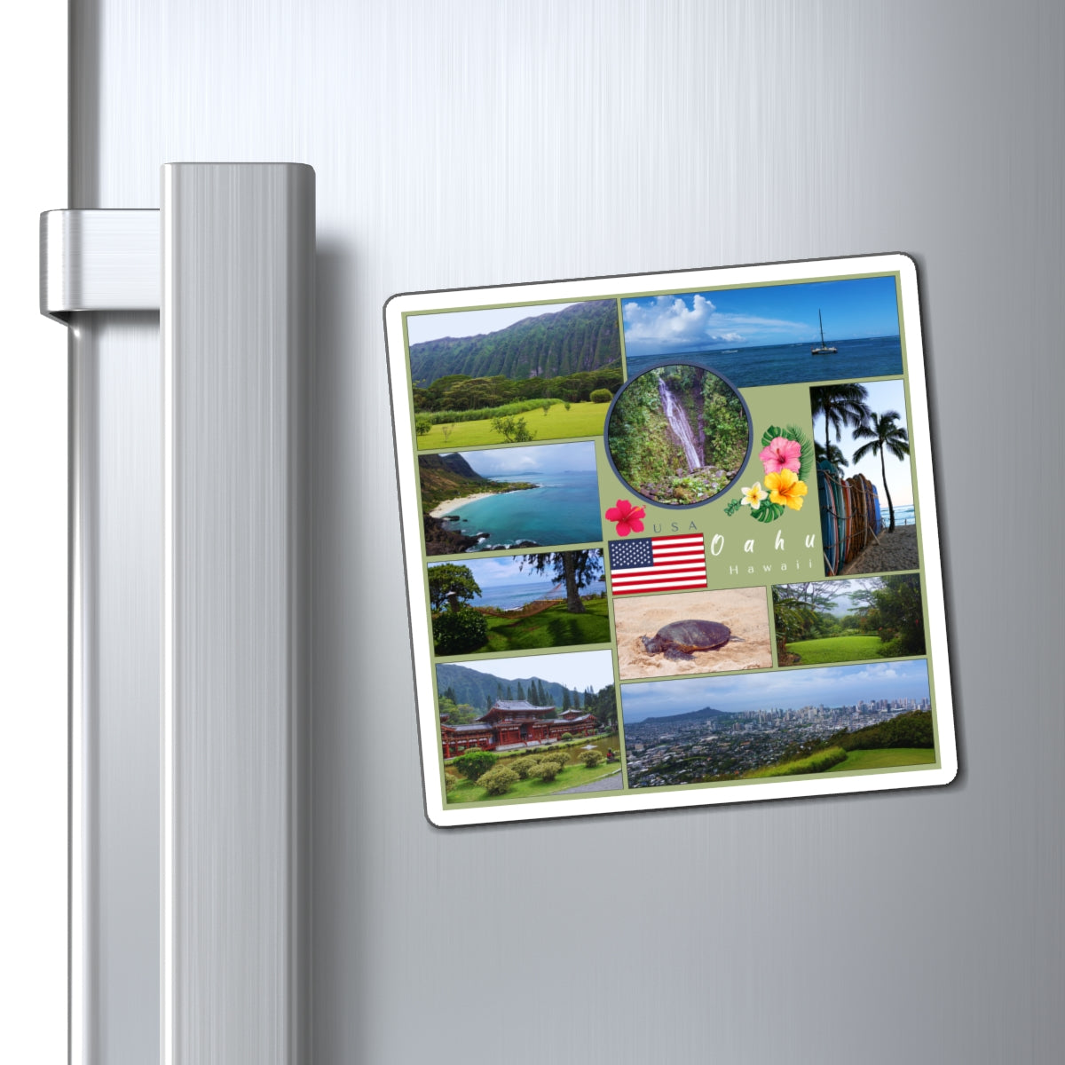 Fridge magnet with collage of Hawaii-themed images attached to a refrigerator.