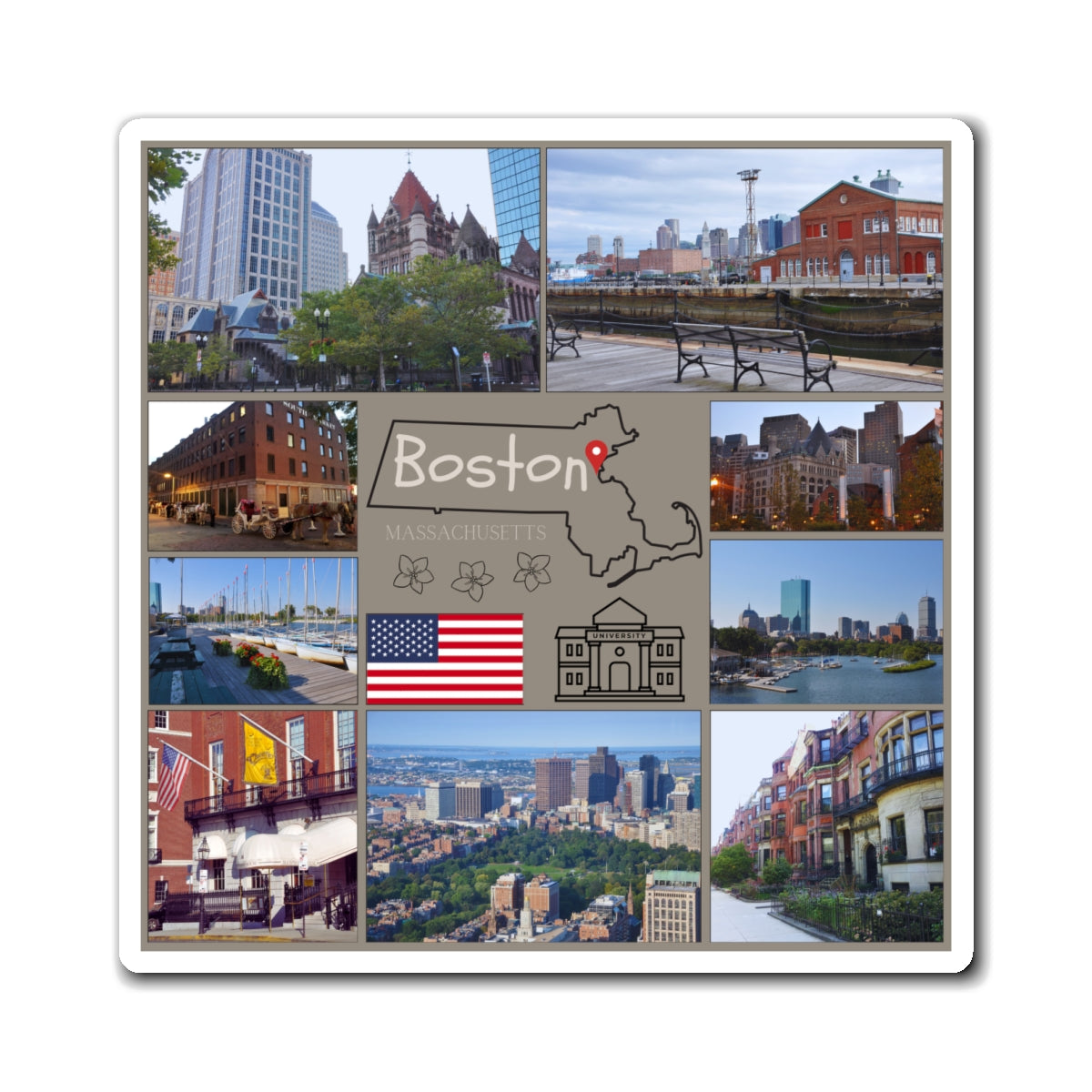 Boston Travel Magnet - Massachusetts Souvenir, City Landmarks