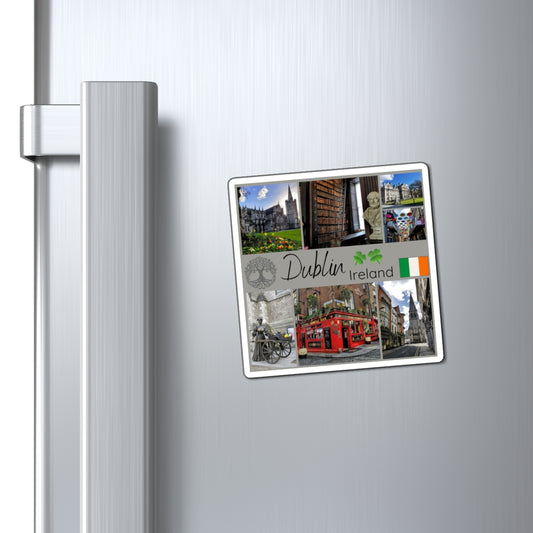 Fridge magnet with images of Dublin, Ireland, attached to a refrigerator.