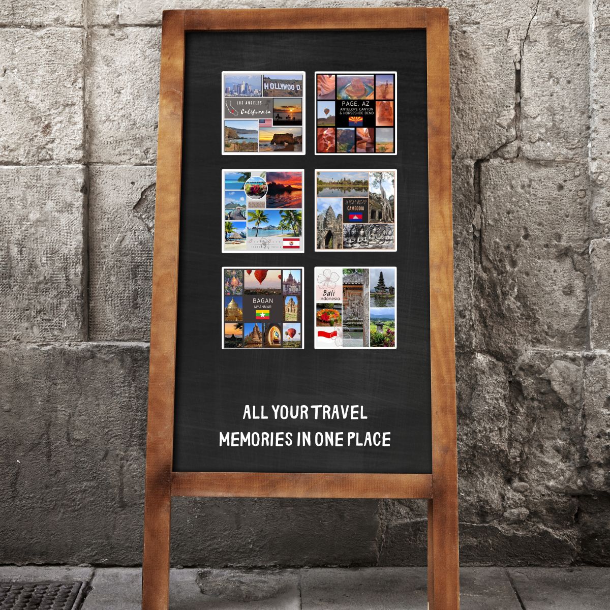 Wooden frame with black background displaying travel photos and text against a stone wall.