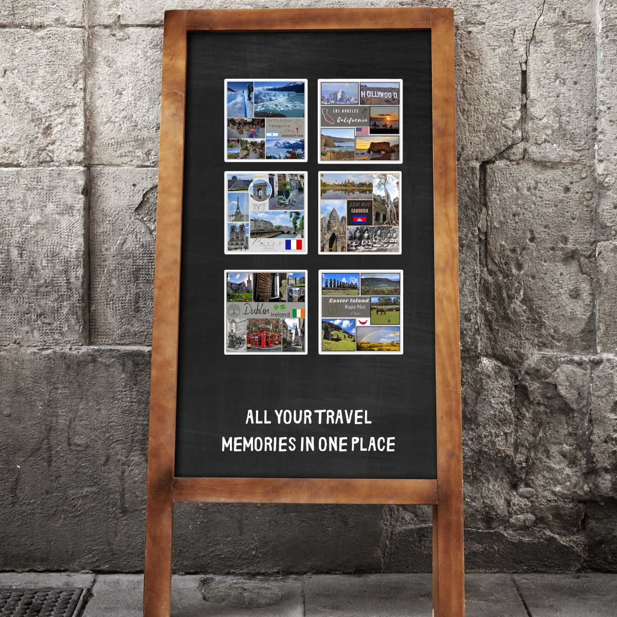 Wooden frame with black background displaying travel photos and text against a stone wall.