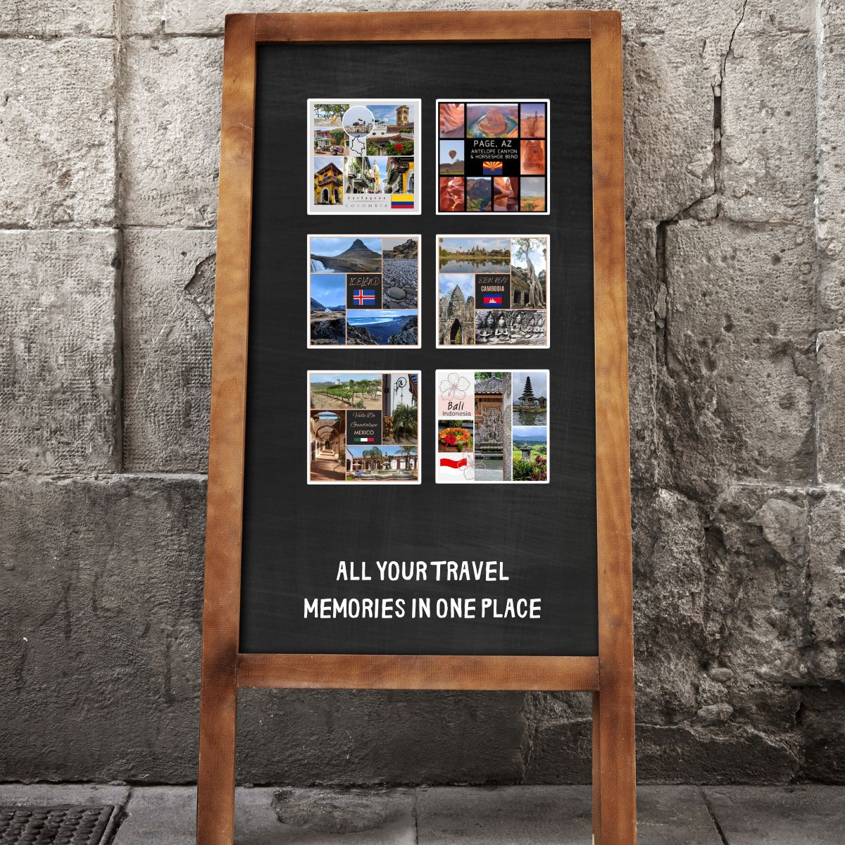 Wooden frame with black background displaying travel photos and text against a stone wall.