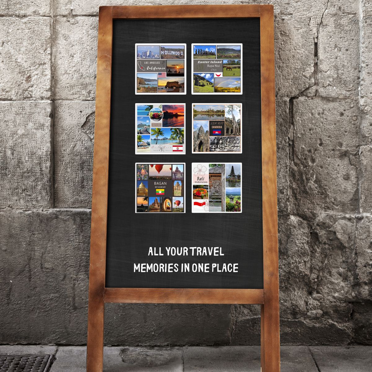 Wooden frame with black background displaying travel photos and text against a stone wall.