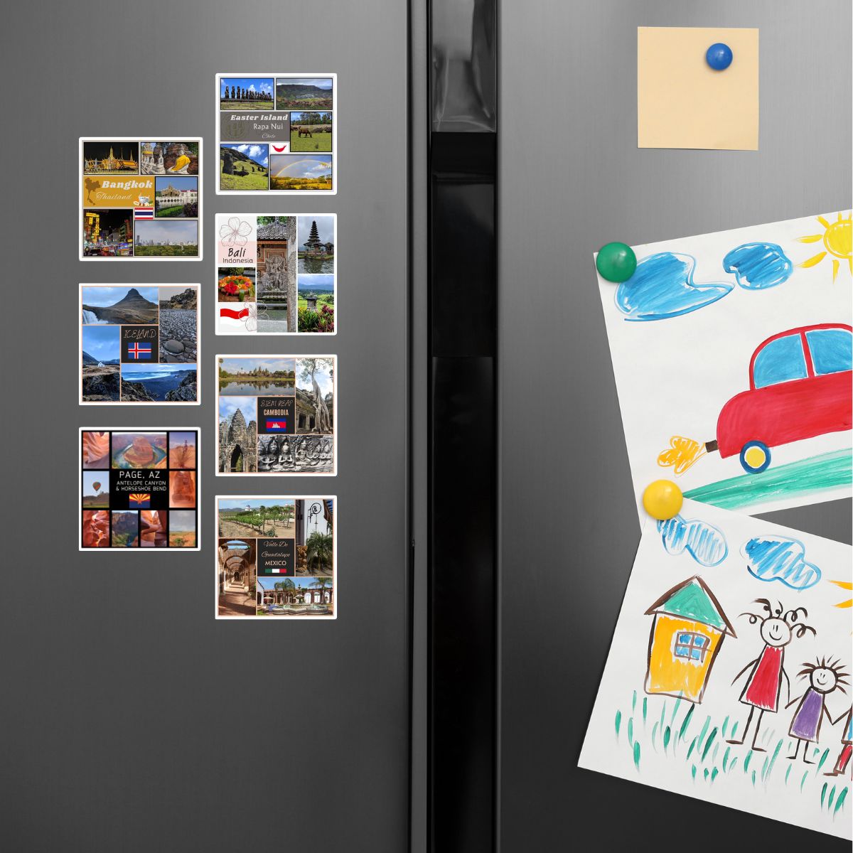 Fridge with magnets and a child's drawing on a gray background