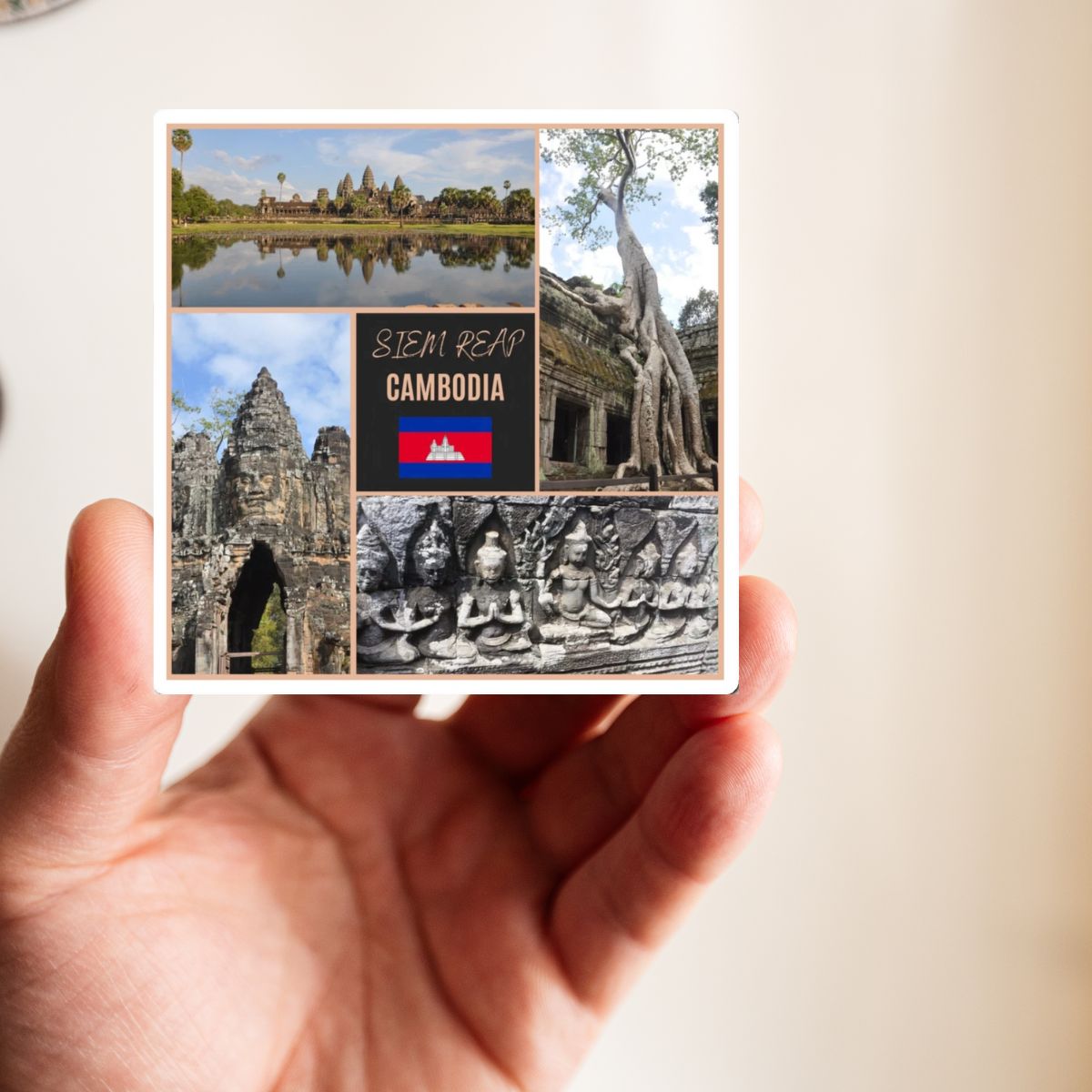 Collage of Cambodia landmarks held by a hand on a light background