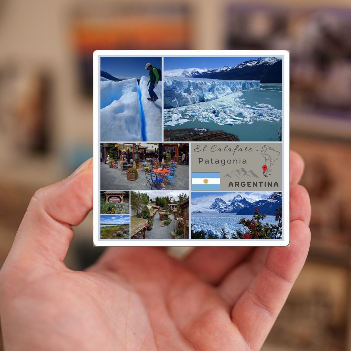 Hand holding a postcard with scenic images of Patagonia, Argentina.