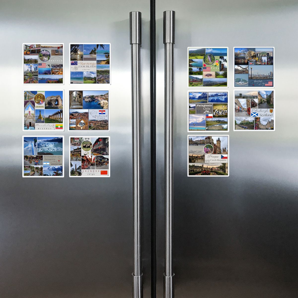 Fridge with travel-themed magnets on a metallic surface