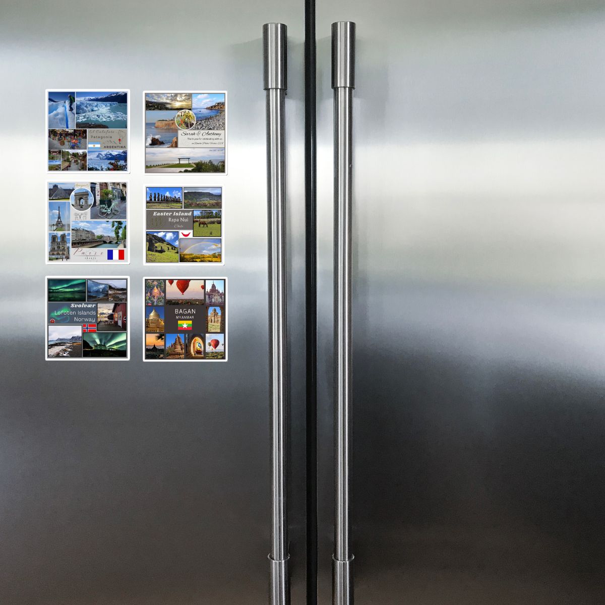 Stainless steel refrigerator with travel-themed magnets on a white background