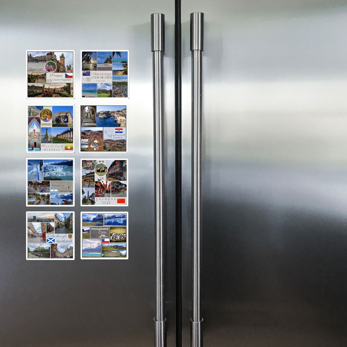 Stainless steel refrigerator with a series of small images on its door.