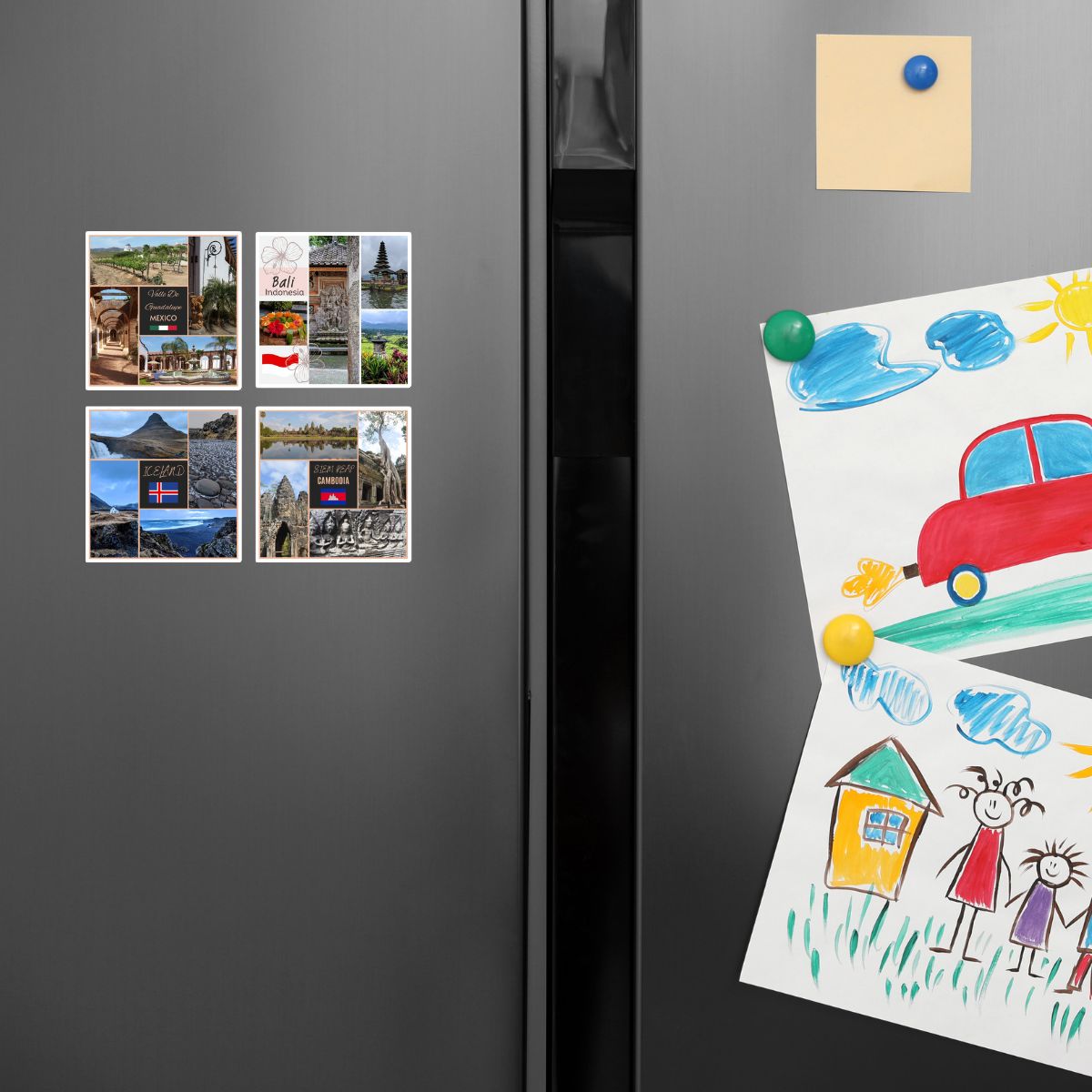 Fridge with magnets and a child's drawing attached