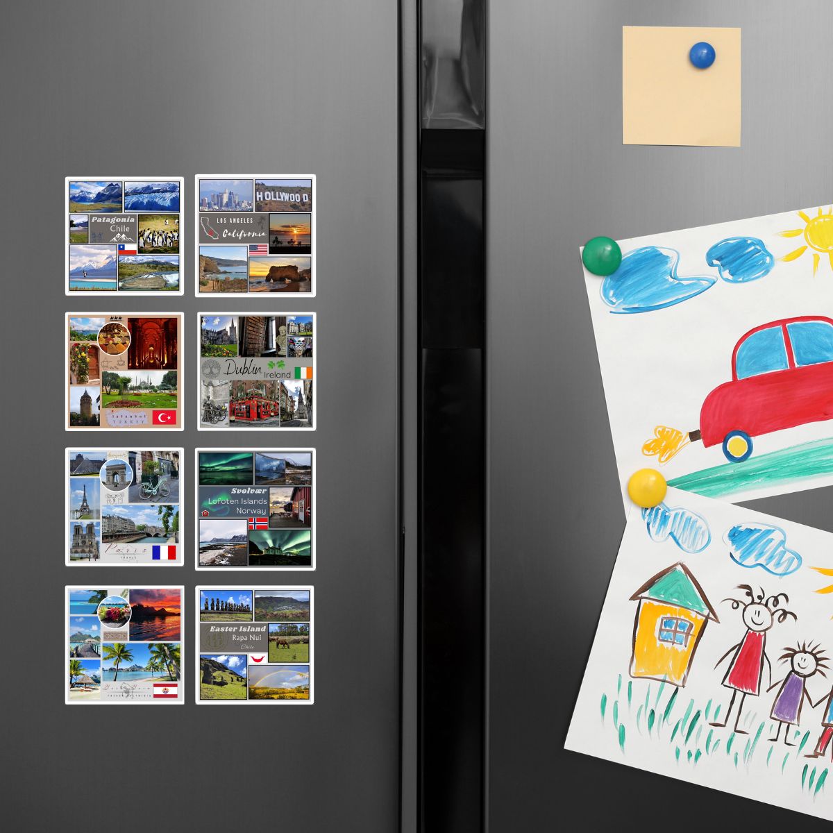 Fridge with travel magnets and a child's drawing