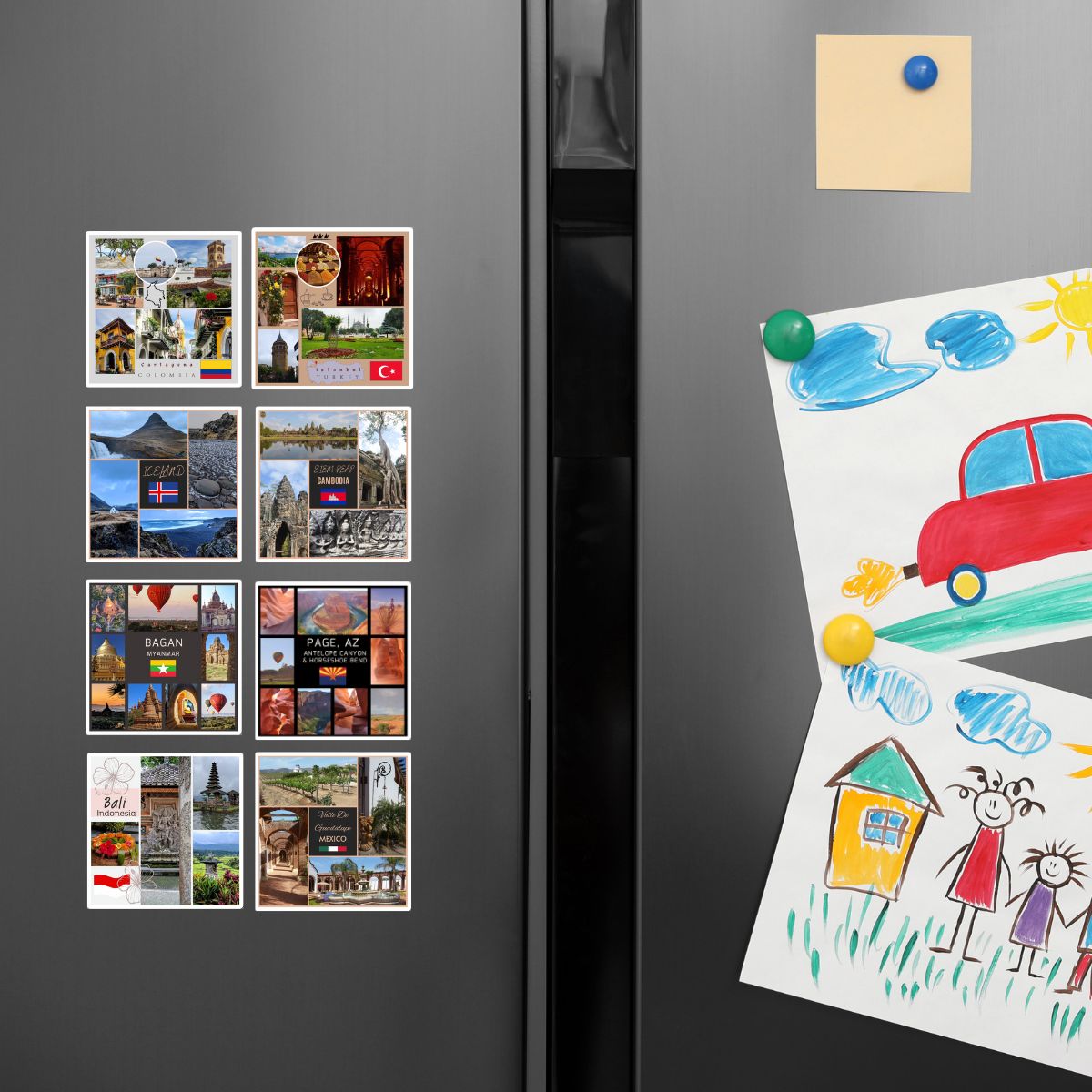 Fridge with magnets and a child's drawing attached