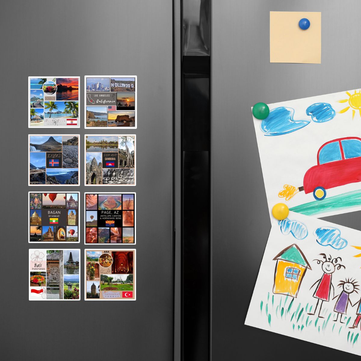 Fridge with travel-themed magnets and a child's drawing
