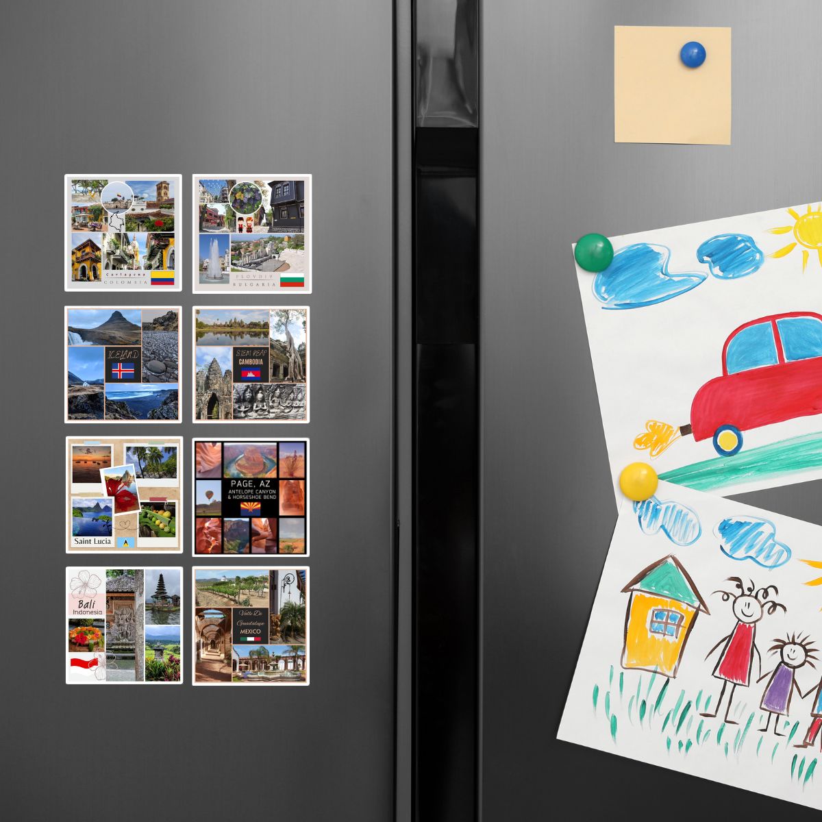 Fridge with magnets and a child's drawing attached