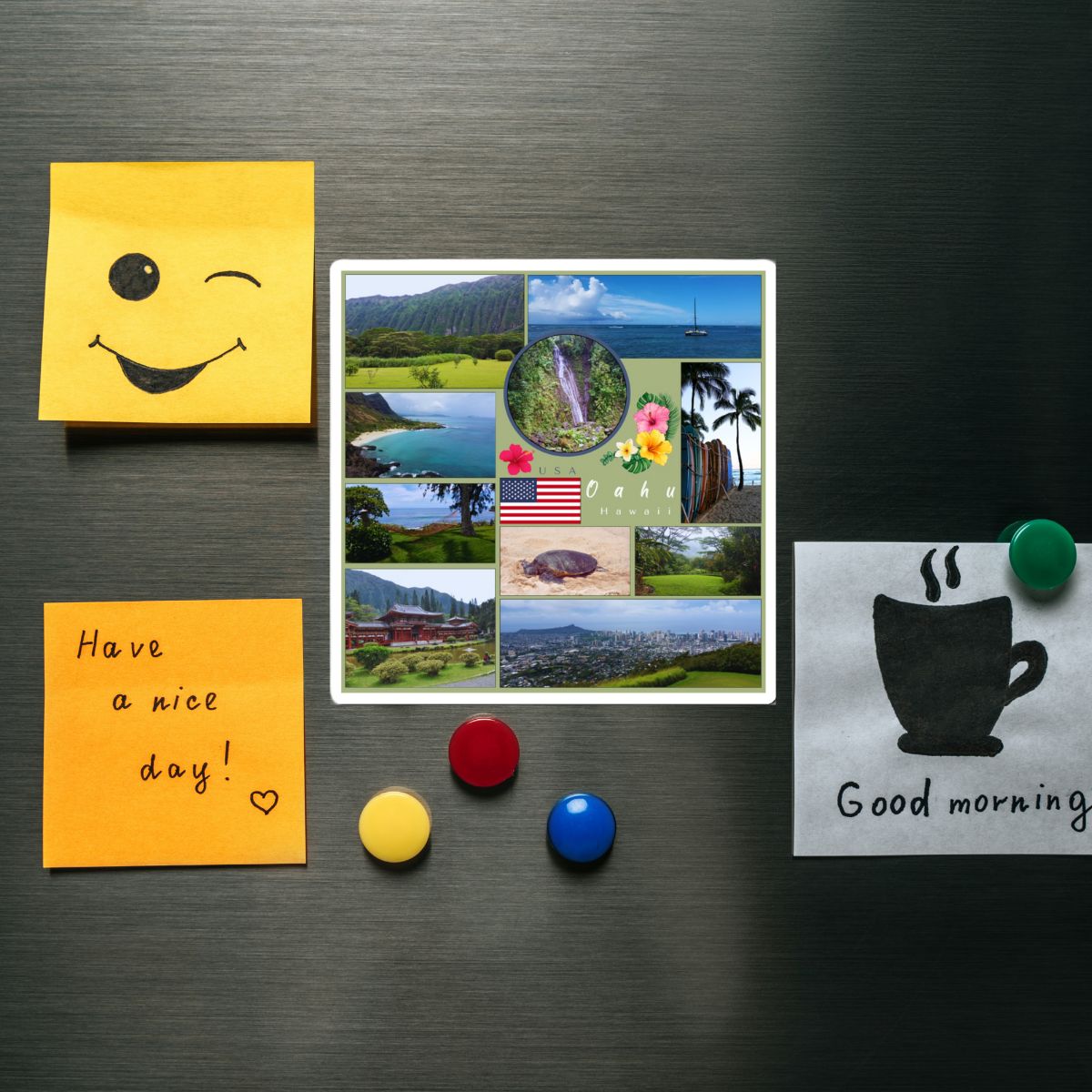 Fridge magnets with a smiley face, scenic collage, and coffee cup design on a metallic surface.