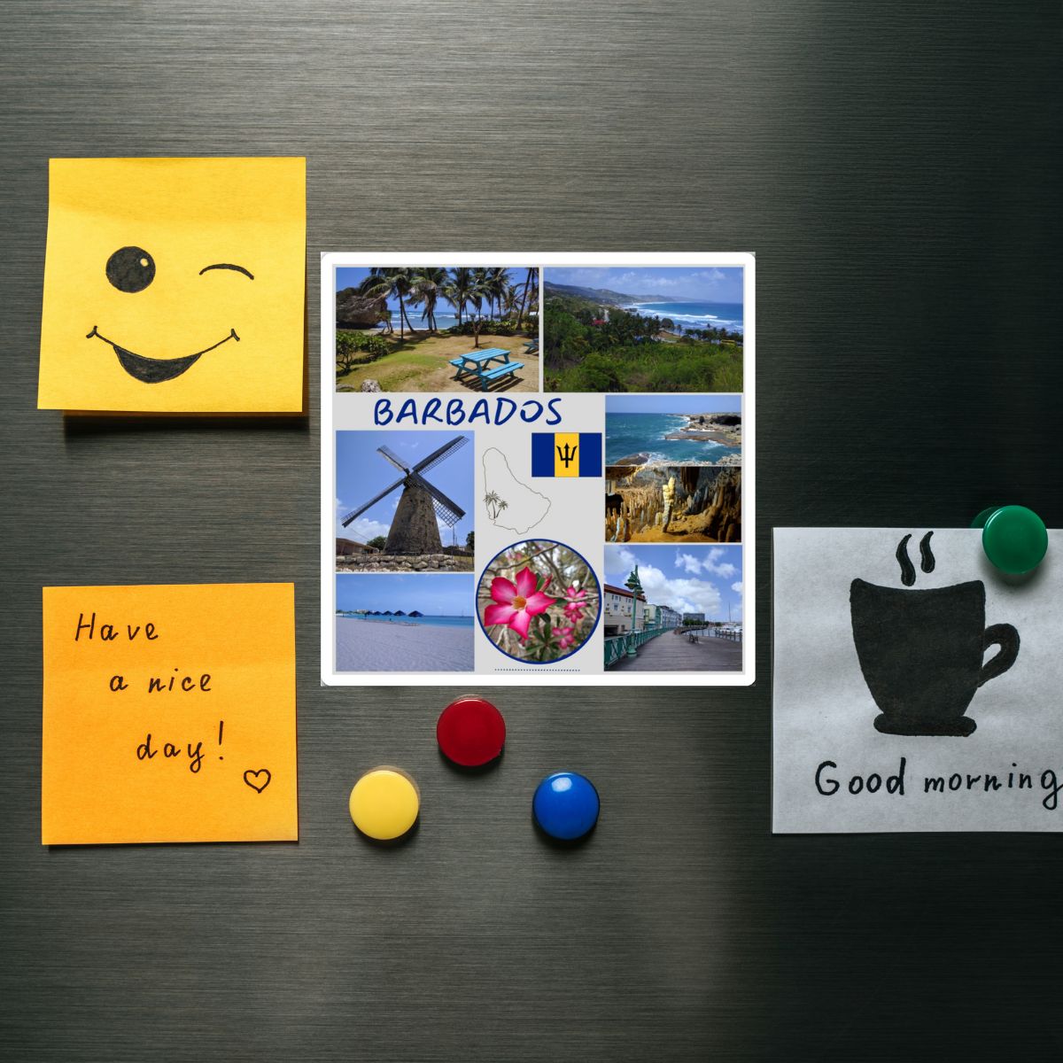 Fridge magnets with a smiley face, travel-themed magnet, and coffee-themed magnet on a metallic surface.