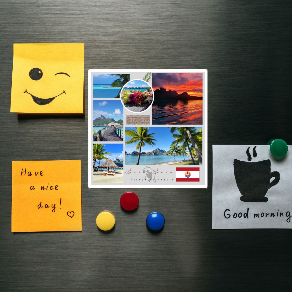 Fridge magnets with a smiley face, travel-themed collage, and coffee cup design on a metallic surface.