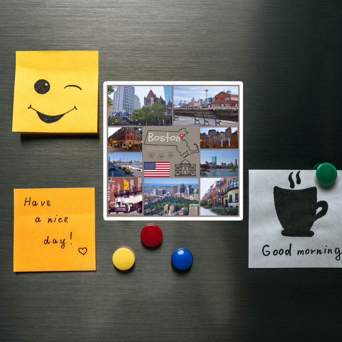 Fridge magnets with a smiley face, 'Have a nice day!' message, and 'Good morning' illustration on a metallic surface.