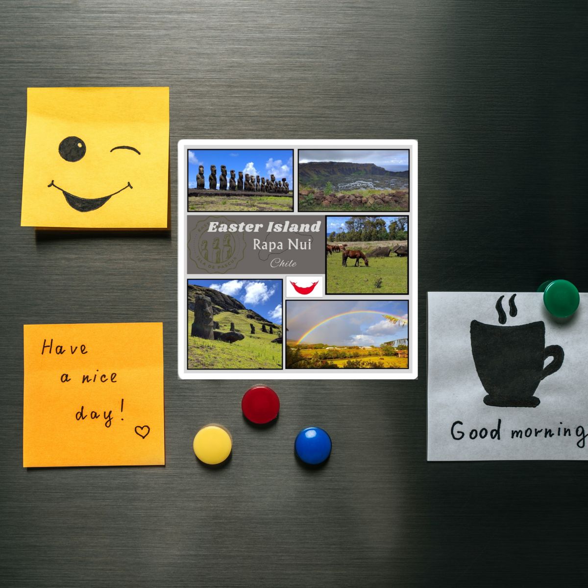 Fridge magnets with a smiley face, travel-themed collage, and motivational messages on a metallic surface.
