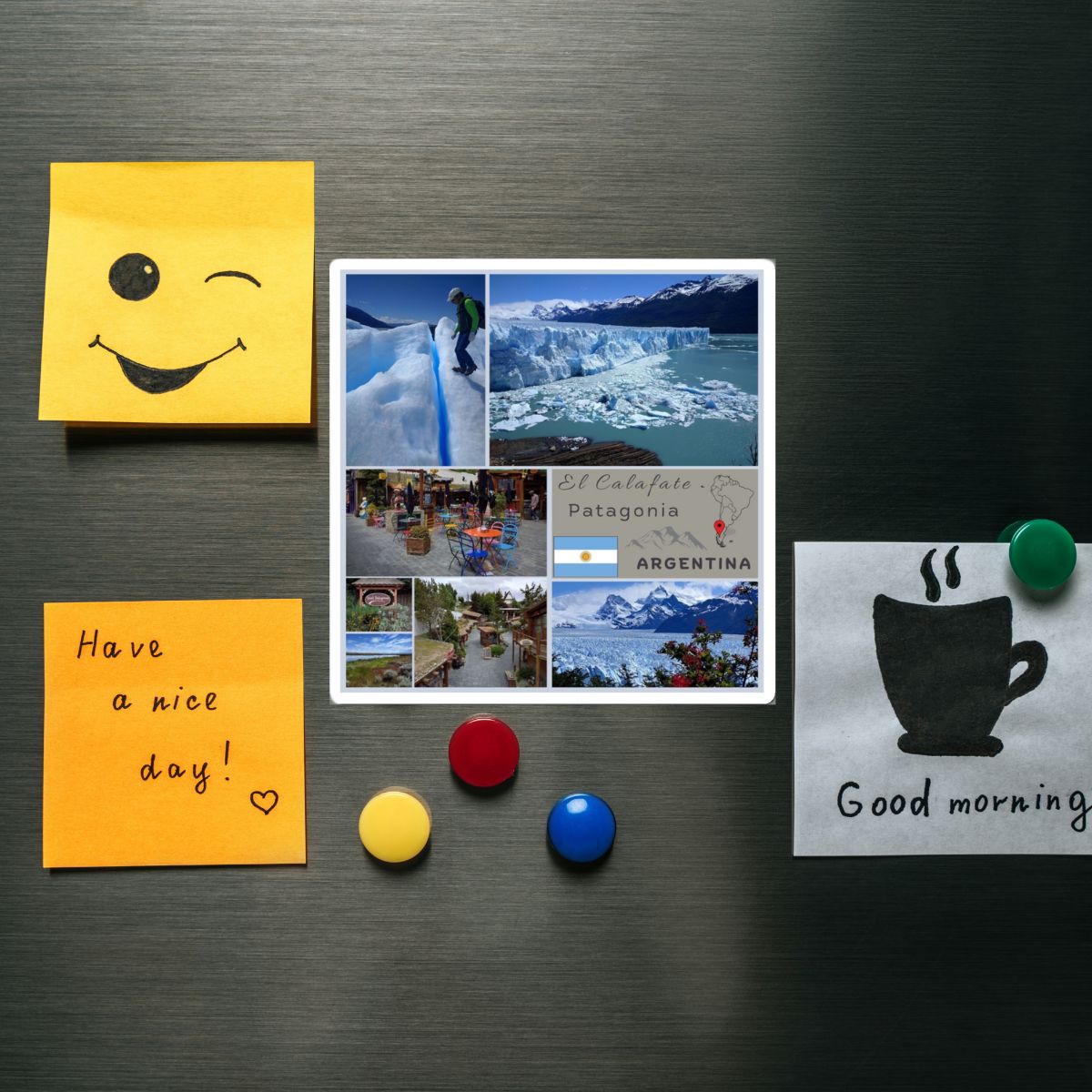 Fridge magnets with a smiley face, travel-themed collage, and coffee cup design on a metallic surface.