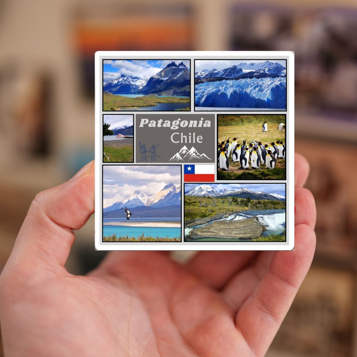Hand holding a small card with images of Patagonia, Chile