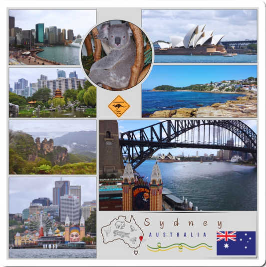 Collage of images from Sydney, Australia featuring a koala, Sydney Opera House, Bondi Beach, The Three Sisters Mountains and other city landmarks.