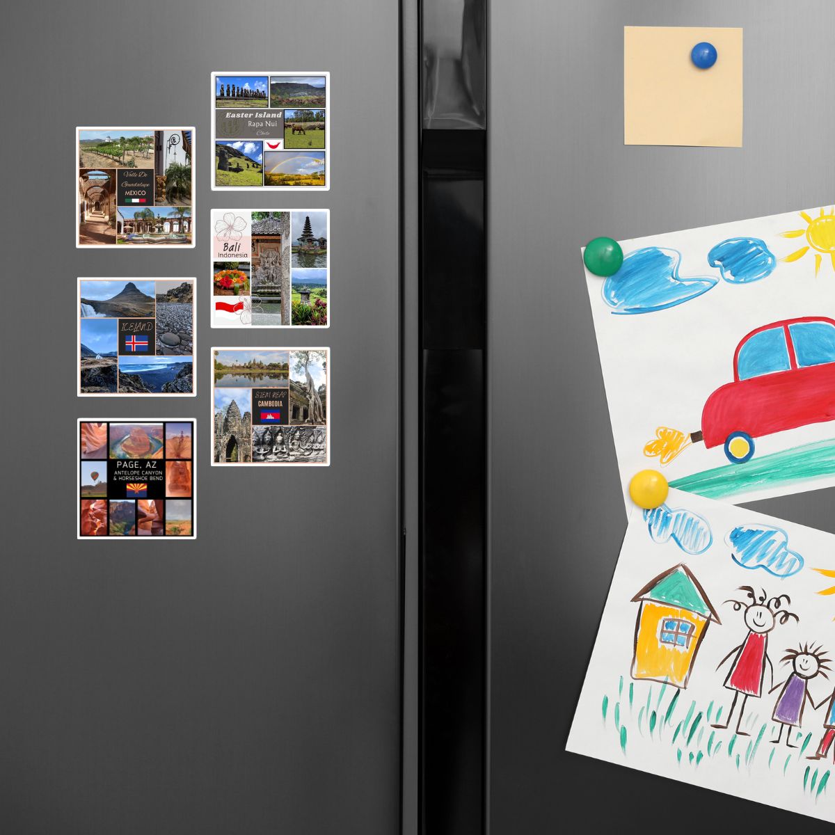 Fridge with magnets and a child's drawing attached