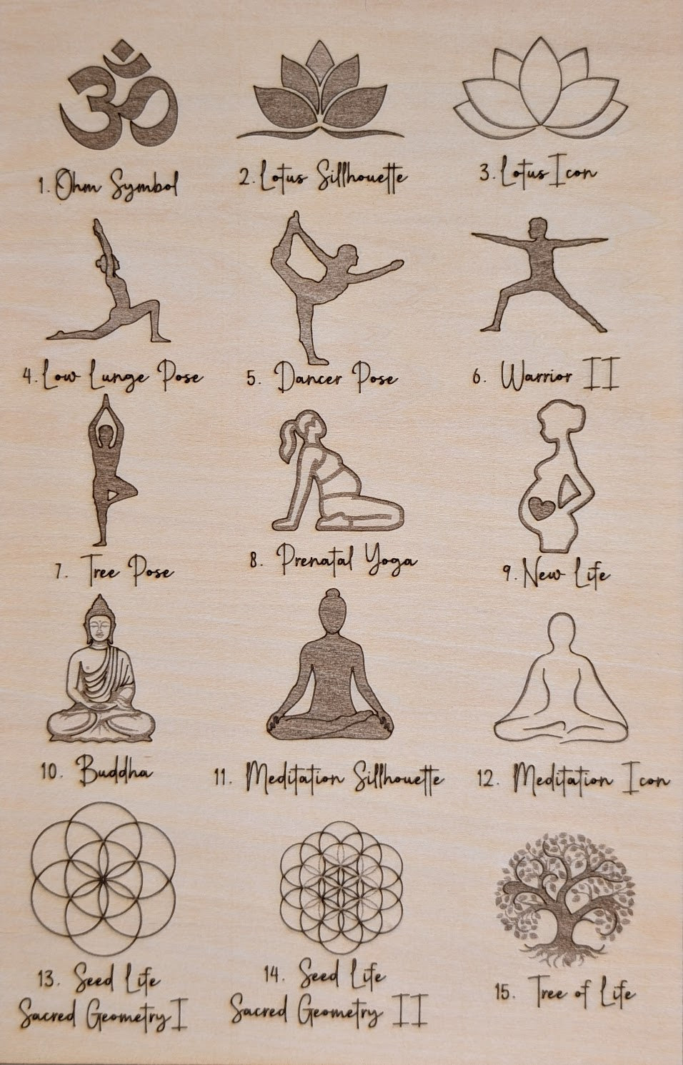 Collection of yoga poses and symbols on a wooden background