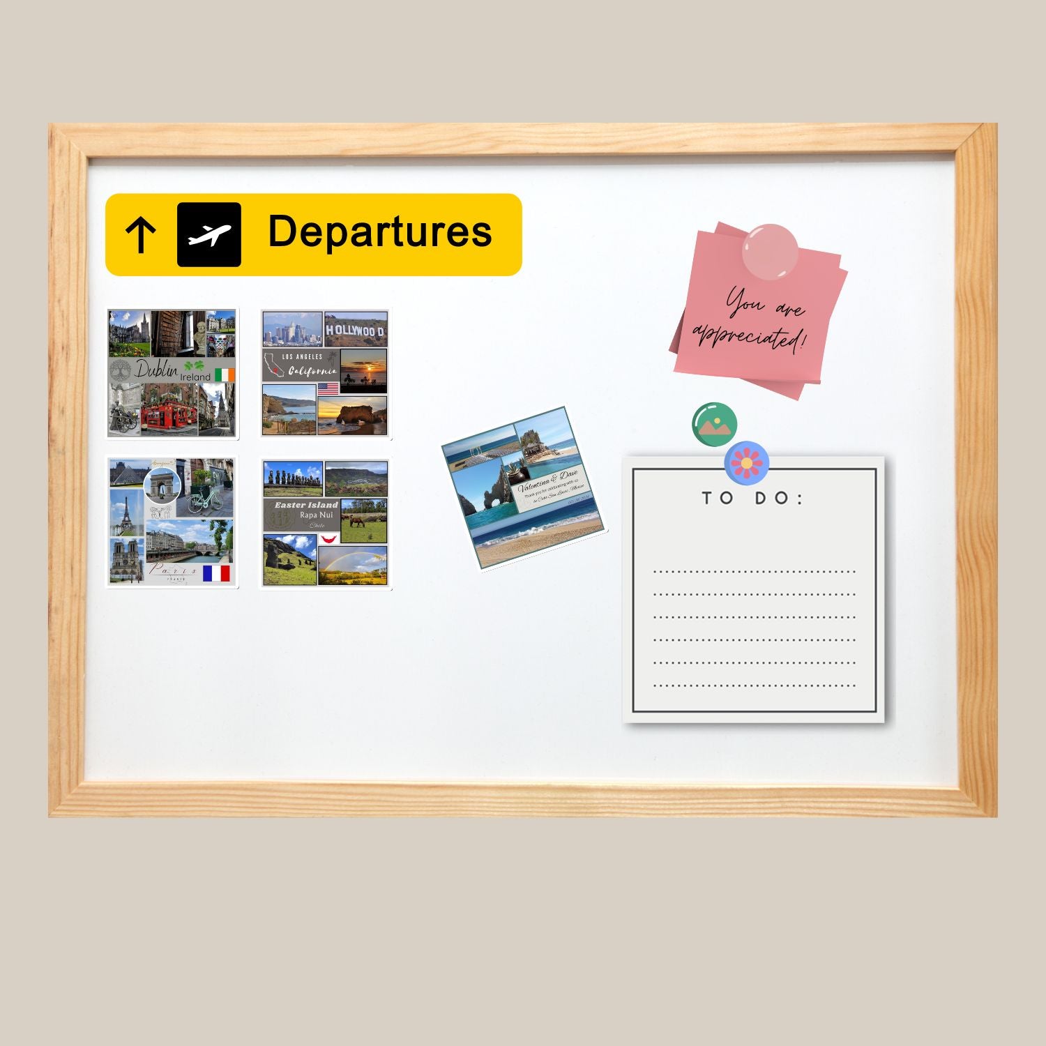 Whiteboard with wooden frame labeled 'Departures' on a beige wall.