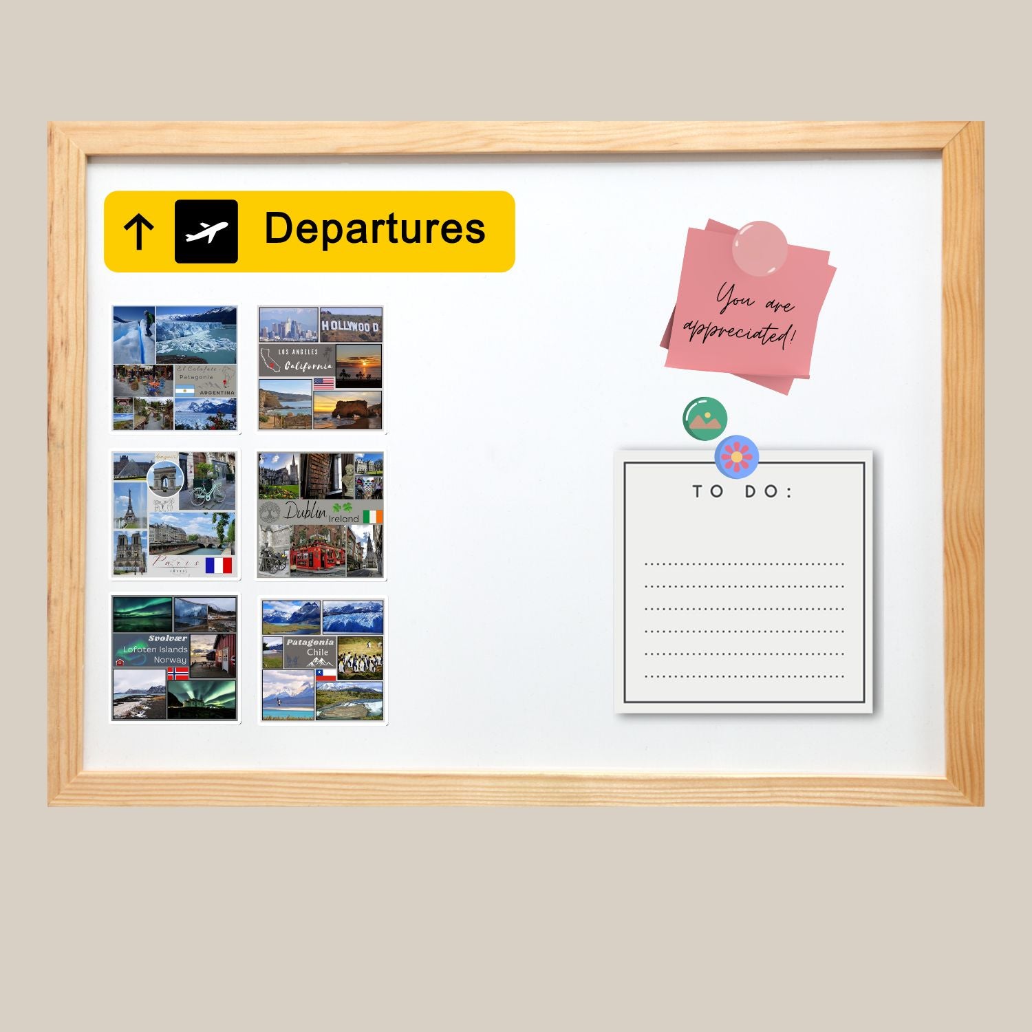 Whiteboard with 'Departures' sign, photos, and notes on a beige wall