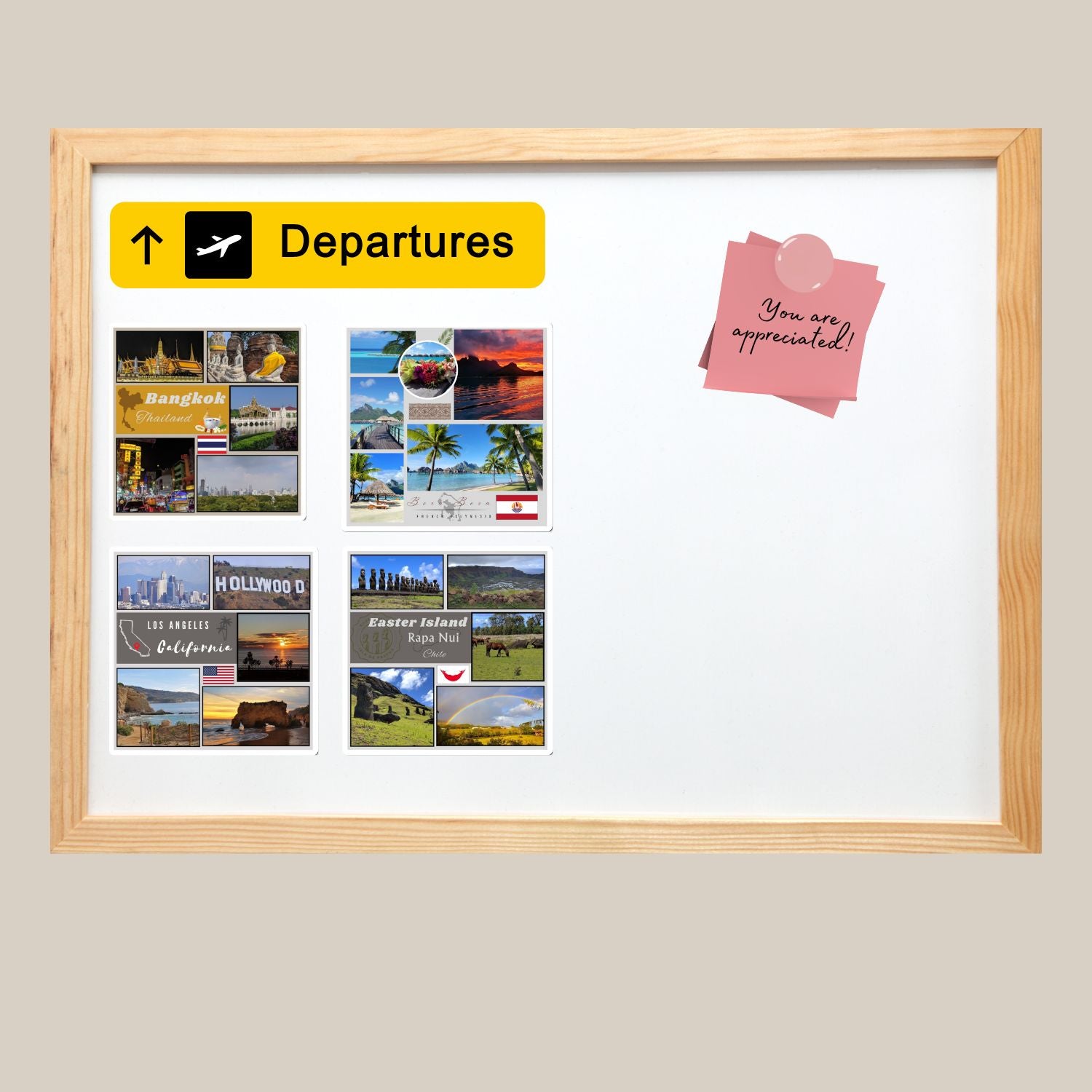Magnetic white dry erase board  with travel magnets, notes and a Departures sign.