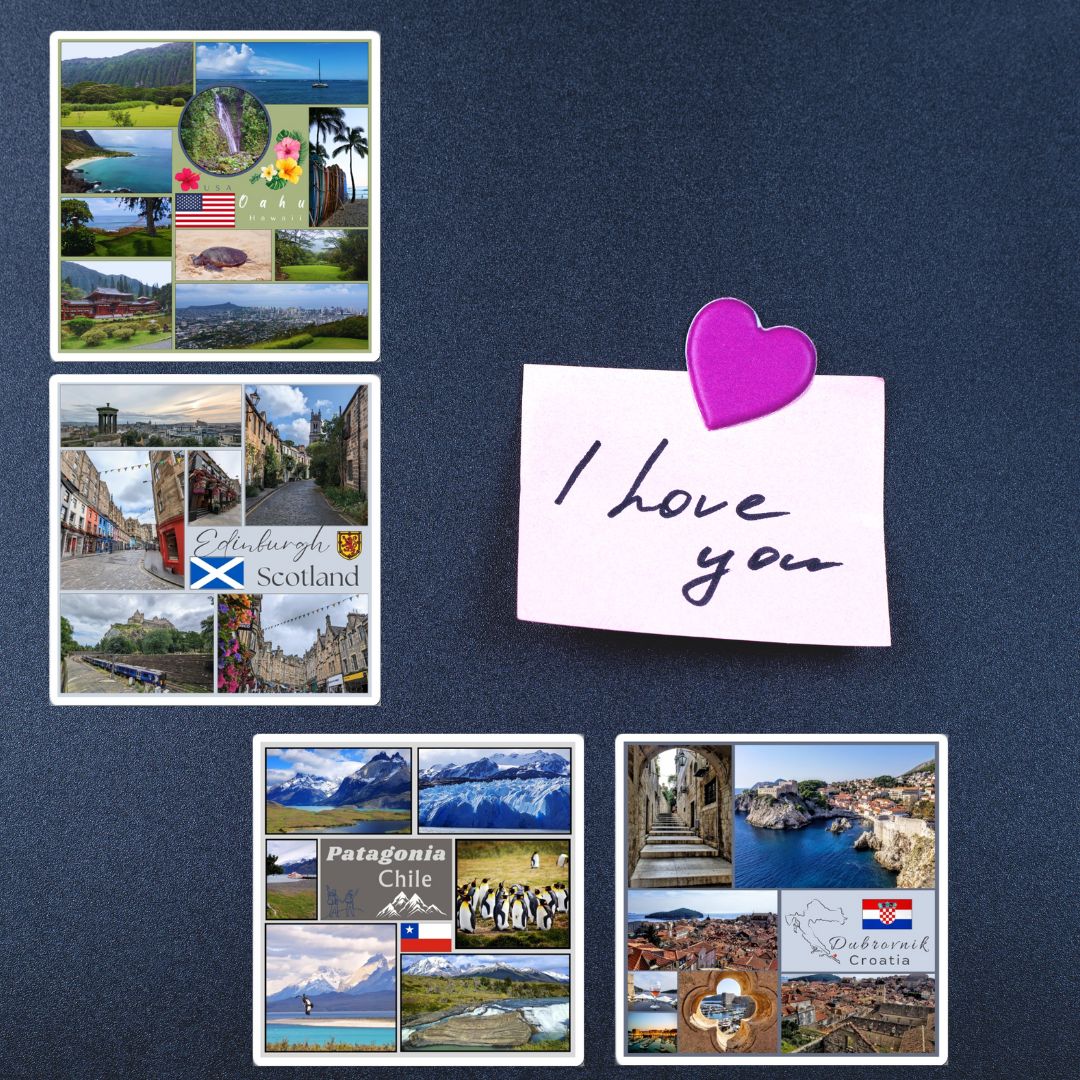 Collage of scenic postcards with a 'I love you' note and heart-shaped clip on a dark blue background.