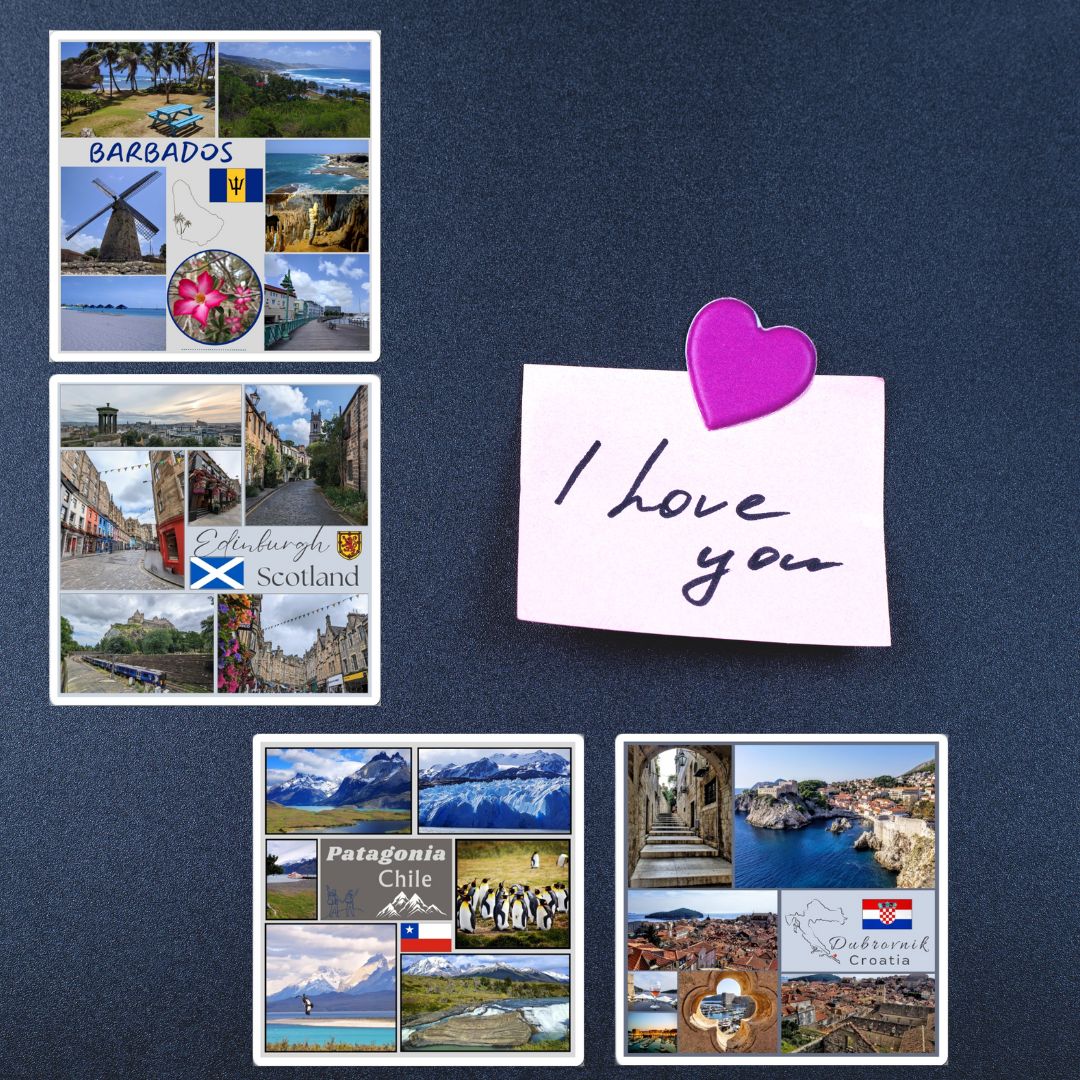 Collage of travel photos with a 'I love you' note and heart-shaped clip on a dark blue background.