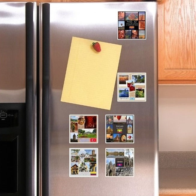 Stainless steel refrigerator with various magnets and a yellow piece of paper attached.