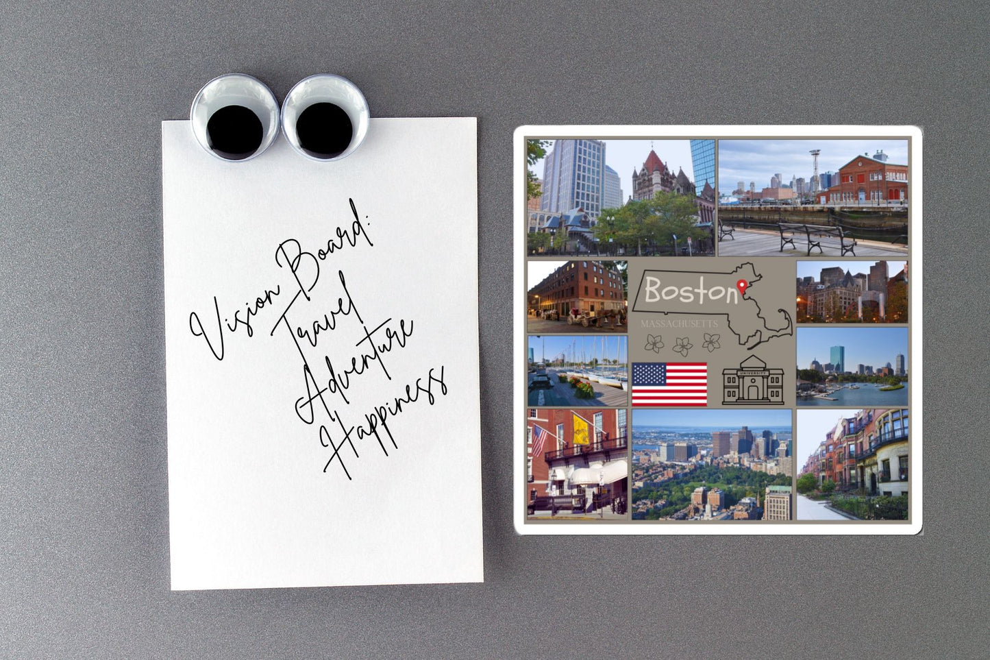 Notebook with 'Vision Board Travel Adventure Happiness' text and a card with Boston collage on a gray background