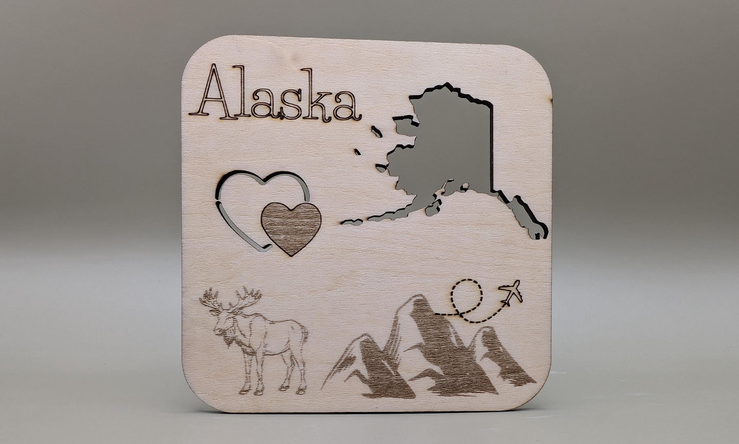 Laser-Cut Wood Alaska Fridge Magnet, Travel Souvenir