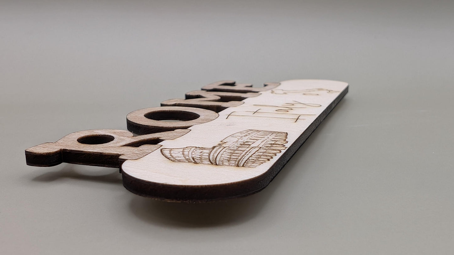 Wooden puzzle with engraved design on a gray background