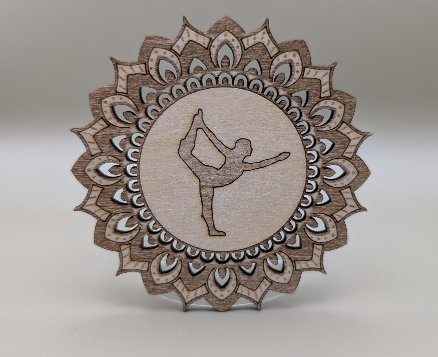 Laser Engraved Wood Mandala Fridge Magnet: Dancer Pose Yoga Gift