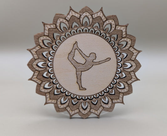 Laser Engraved Wood Mandala Fridge Magnet: Dancer Pose Yoga Gift