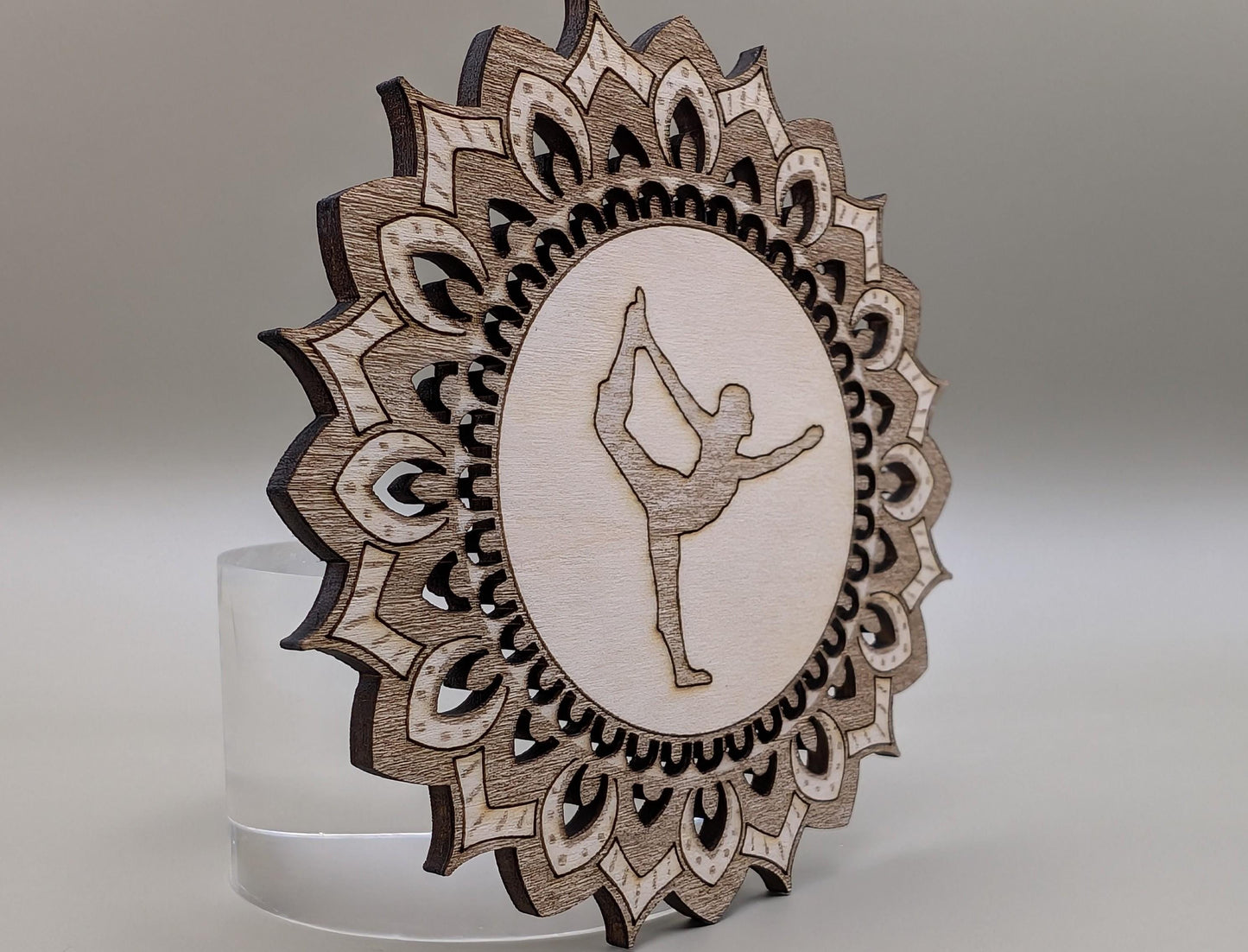 Laser Engraved Wood Mandala Fridge Magnet: Dancer Pose Yoga Gift