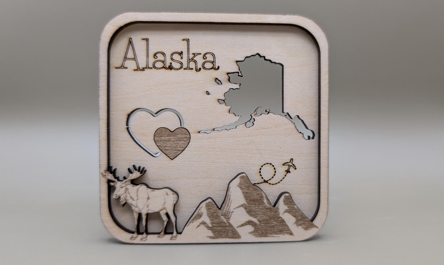 Laser-Cut Wood Alaska Fridge Magnet, Travel Souvenir
