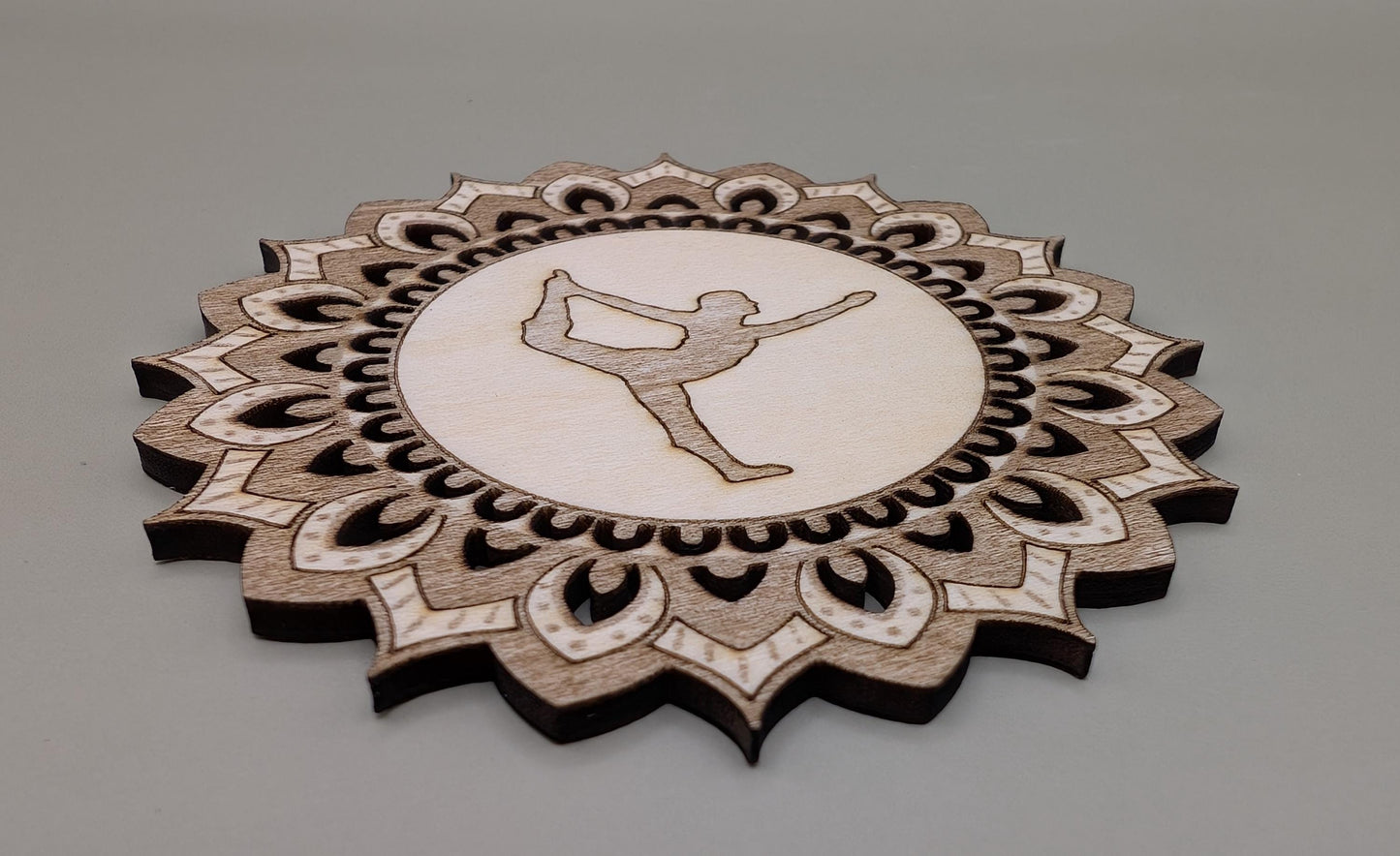 Laser Engraved Wood Mandala Fridge Magnet: Dancer Pose Yoga Gift