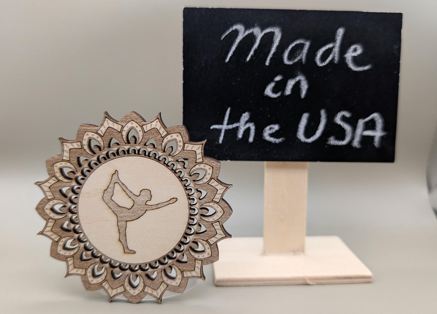 Laser Engraved Wood Mandala Fridge Magnet: Dancer Pose Yoga Gift